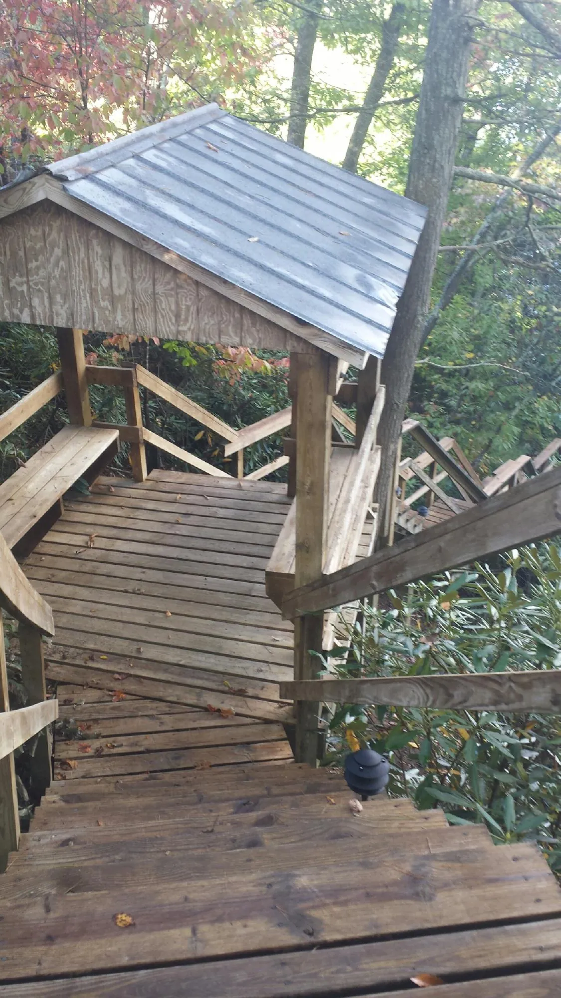 Metal roofed shelter over wooden steps on a wooded walkway — Skylight Repair & Installation work by our crew in Bozeman